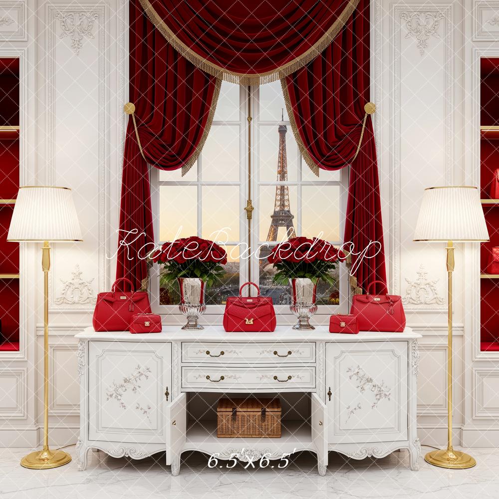 Kate Paris Handbags Red Shelves White Drawer Backdrop Designed by Patty Robert - Image 2