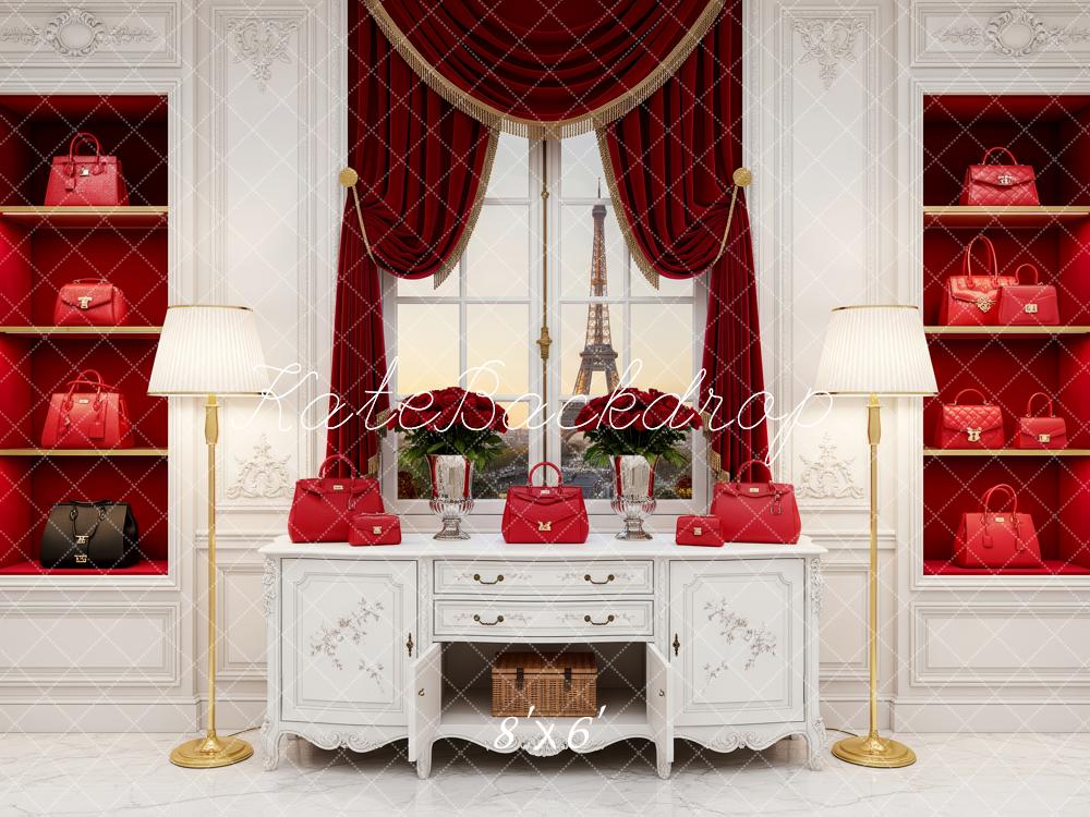 Kate Paris Handbags Red Shelves White Drawer Backdrop Designed by Patty Robert - Image 3