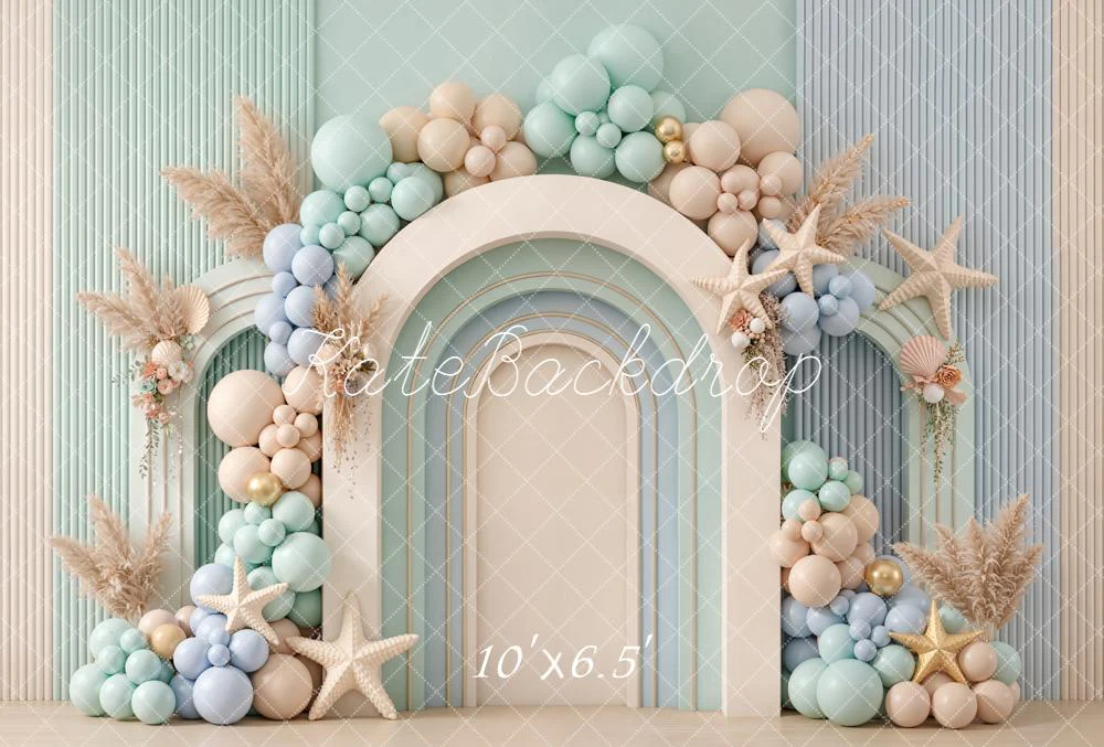 Kate Pastel Arch Balloons Pampas Starfish Fleece Backdrop Designed by Emetselch - Image 2