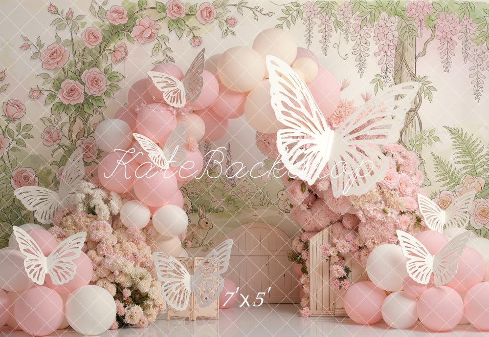 Kate Pink Balloons Arch Butterfly Forest Backdrop Designed by Emetselch - Image 2