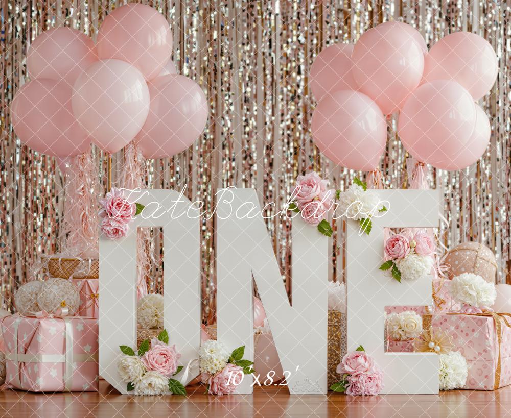Kate 1st Birthday Pink Balloons Gift Boxes Fleece Backdrop Designed by Emstselch - Image 3