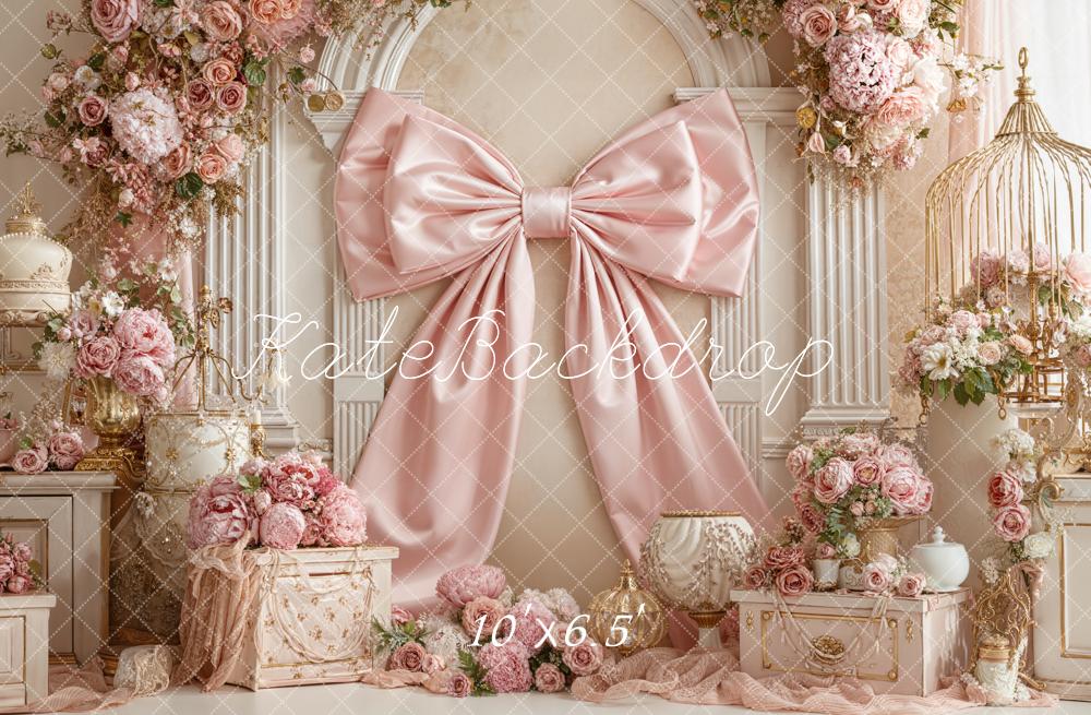 Kate Pink Bow Floral Vintage Fleece Backdrop Designed by Emstselch - Image 2