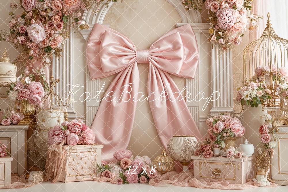 Kate Pink Bow Floral Vintage Fleece Backdrop Designed by Emstselch - Image 4