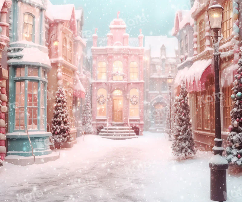 Kate Pink Christmas Snowy Town Candy Backdrop for Photography - Image 3
