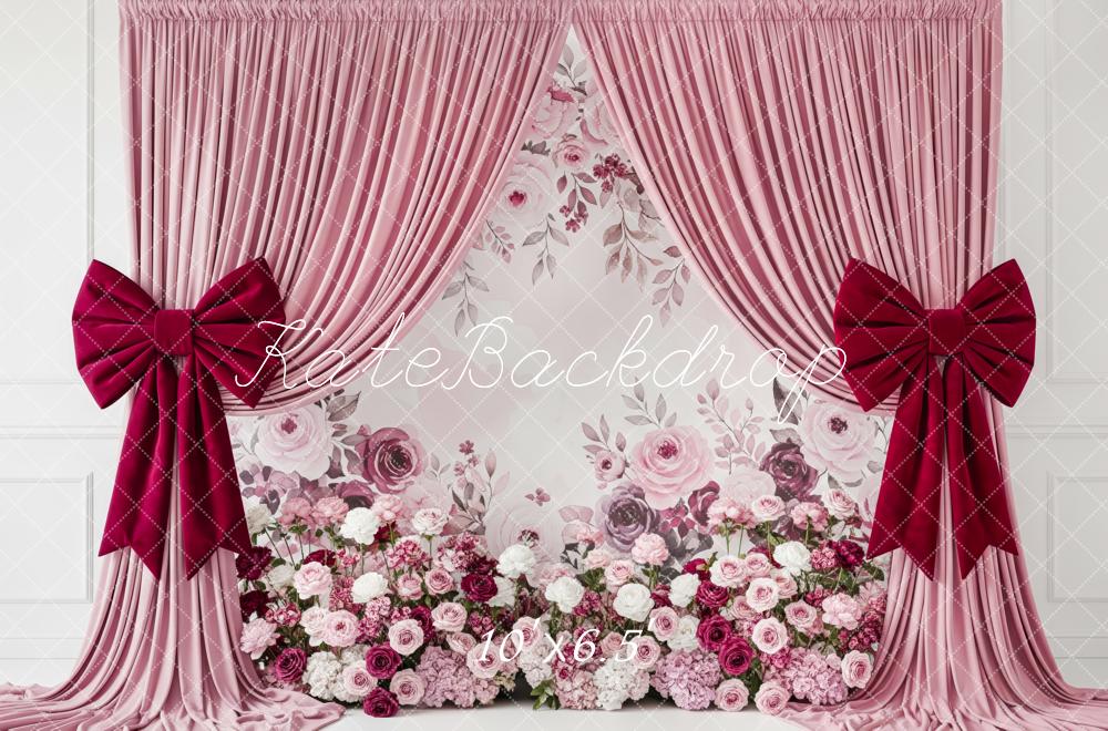 Kate Pink Curtains Floral Wall Burgundy Bows Fleece Backdrop Designed by Patty Robert - Image 2
