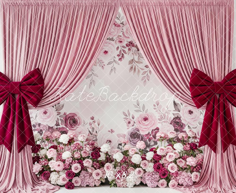 Kate Pink Curtains Floral Wall Burgundy Bows Fleece Backdrop Designed by Patty Robert - Image 3