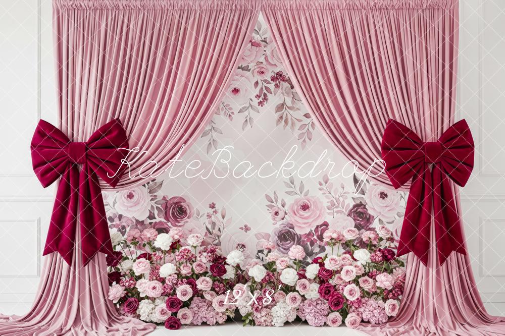 Kate Pink Curtains Floral Wall Burgundy Bows Fleece Backdrop Designed by Patty Robert - Image 4