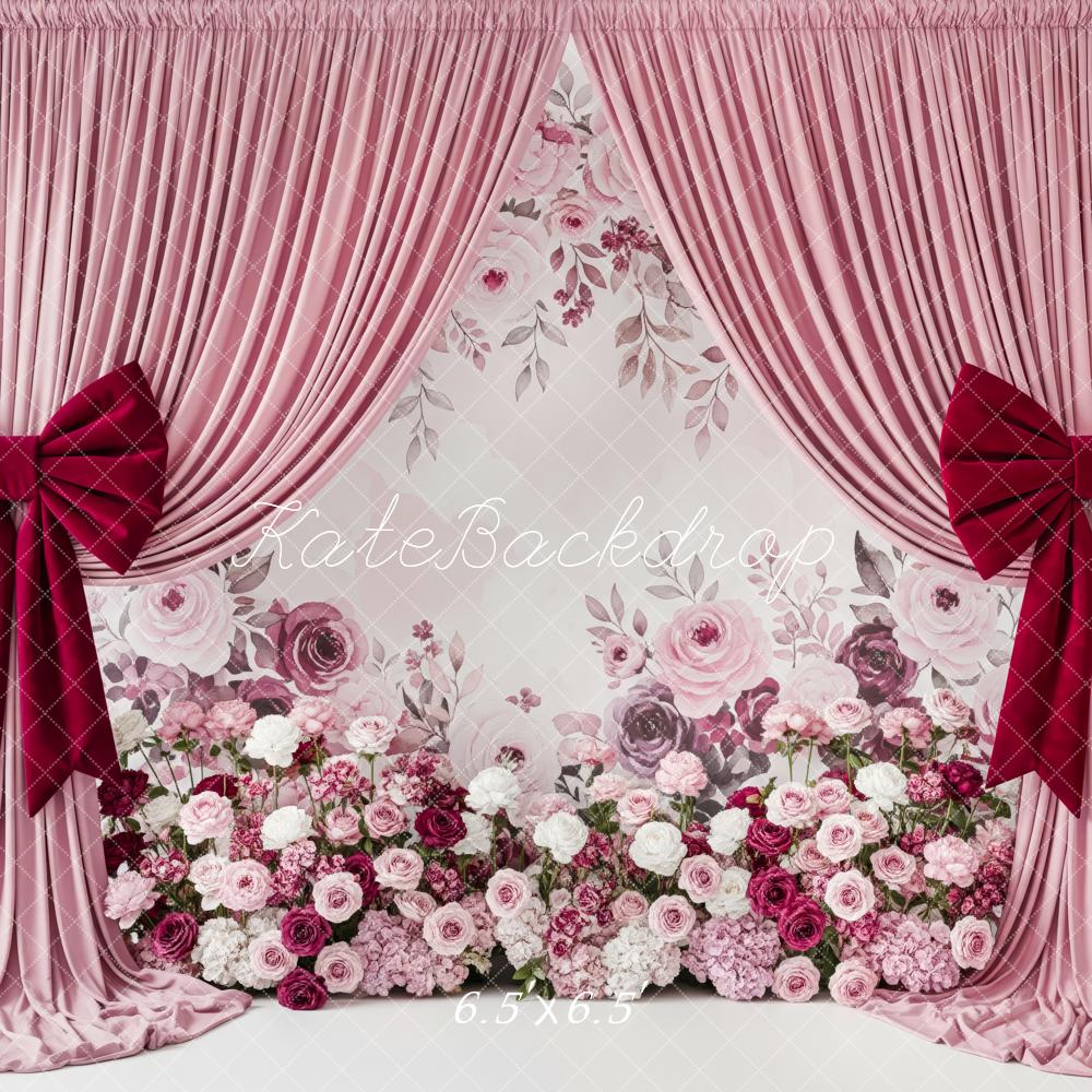Kate Pink Curtains Red Bows Floral Wall Backdrop Designed by Patty Robert - Image 2
