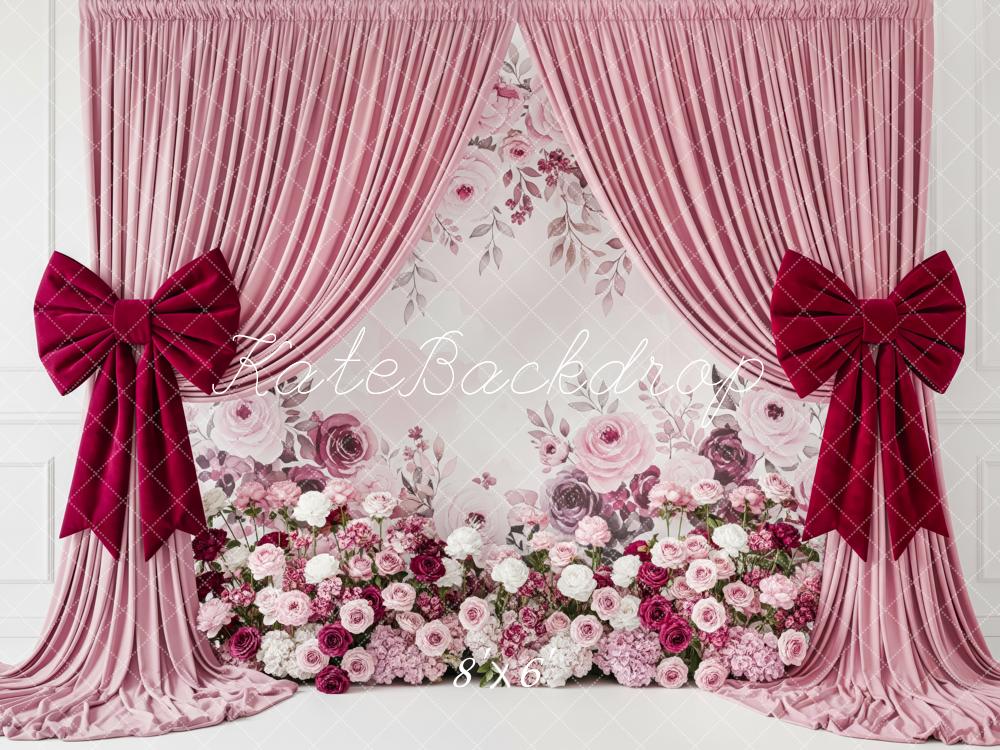 Kate Pink Curtains Red Bows Floral Wall Backdrop Designed by Patty Robert - Image 3