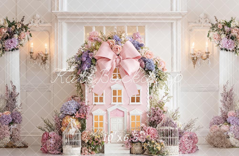 Kate Pink Dollhouse Floral Birdcages Fleece Backdrop Designed by Emetselch - Image 2