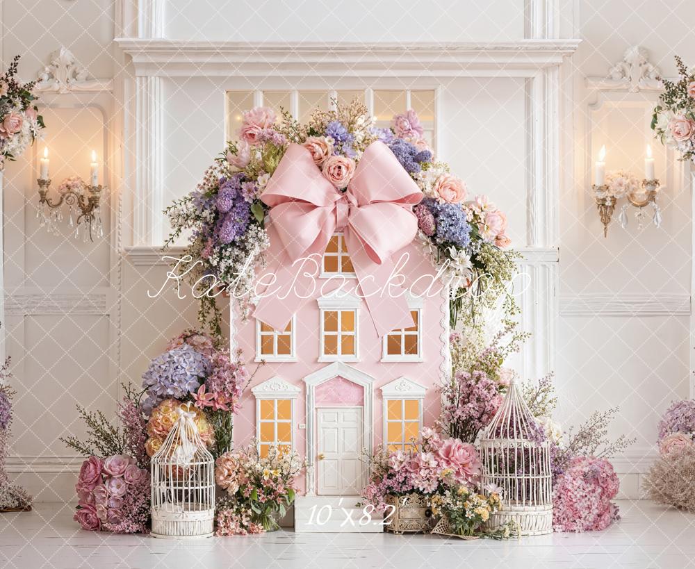 Kate Pink Dollhouse Floral Birdcages Fleece Backdrop Designed by Emetselch - Image 3