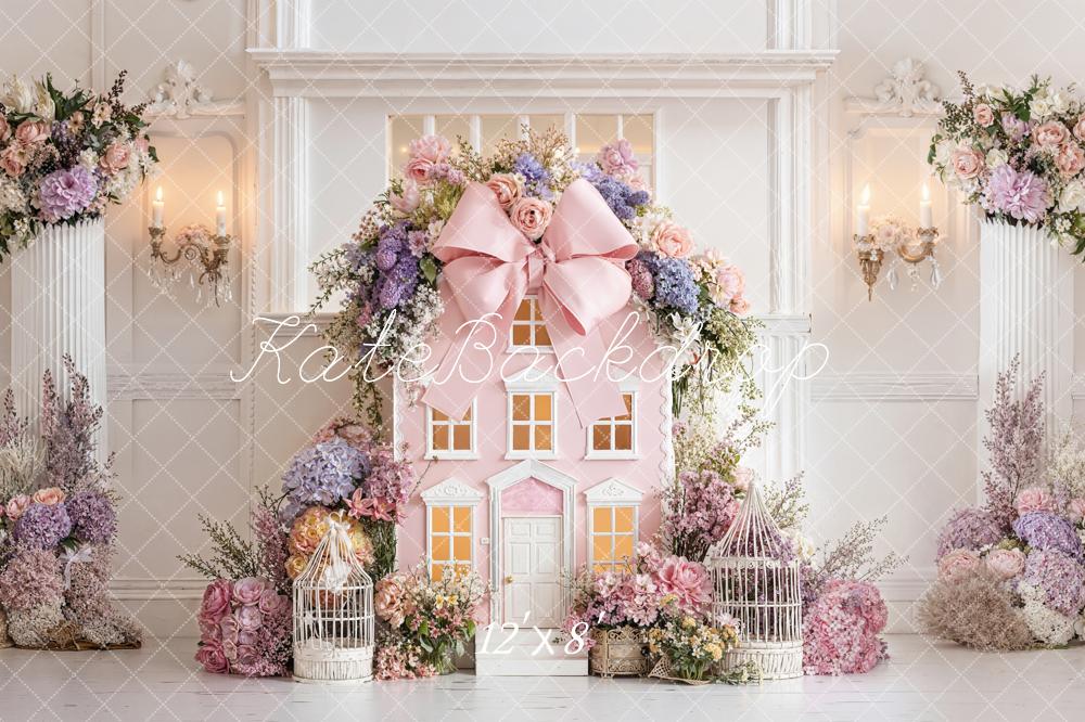Kate Pink Dollhouse Floral Birdcages Fleece Backdrop Designed by Emetselch - Image 4