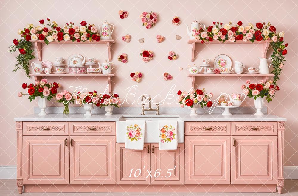 Kate Pink Floral Kitchen Vintage Cabinet Fleece Backdrop Designed by Patty Robert - Image 2
