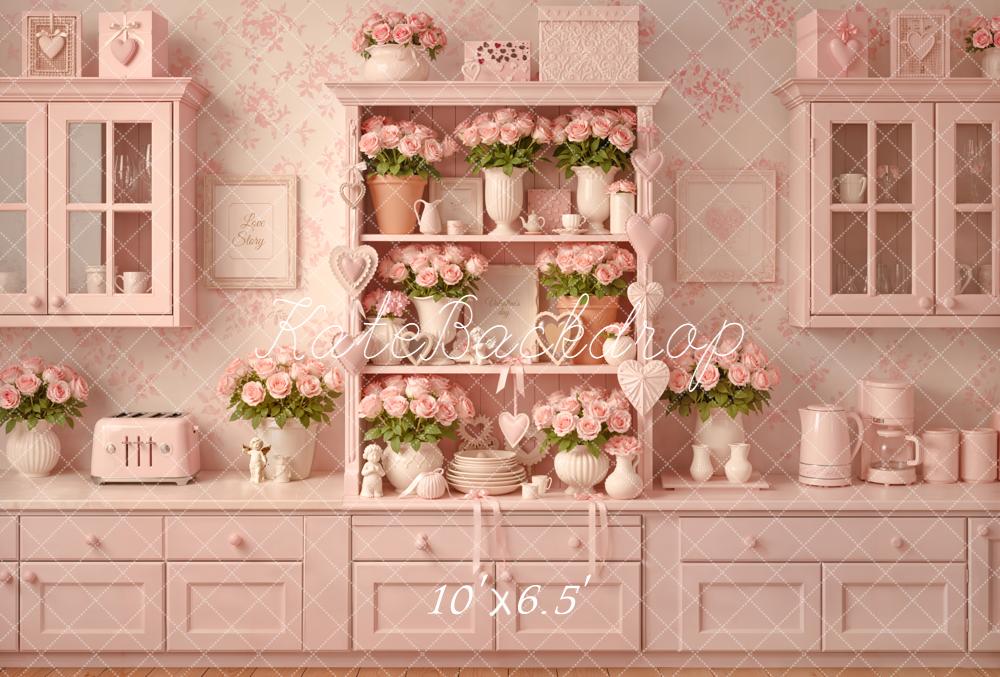 Kate Pink Kitchen Floral Shelf Fleece Backdrop Designed by Emetselch - Image 2