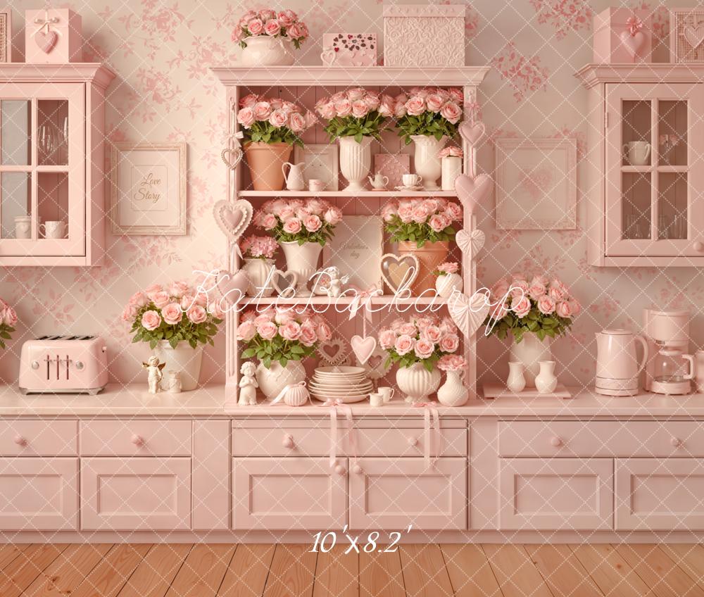 Kate Pink Kitchen Floral Shelf Fleece Backdrop Designed by Emetselch - Image 3