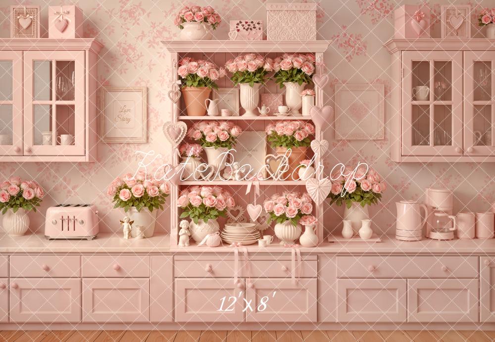 Kate Pink Kitchen Floral Shelf Fleece Backdrop Designed by Emetselch - Image 4