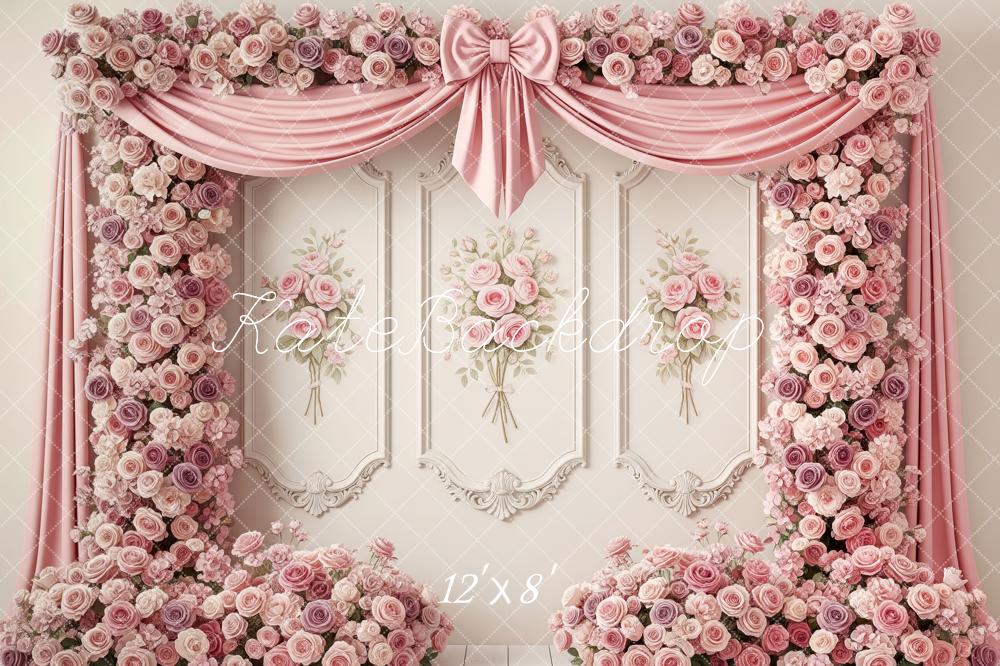 Kate Wedding Pink Roses Bow Wall Drapes Backdrop Designed by Patty Robert - Image 10