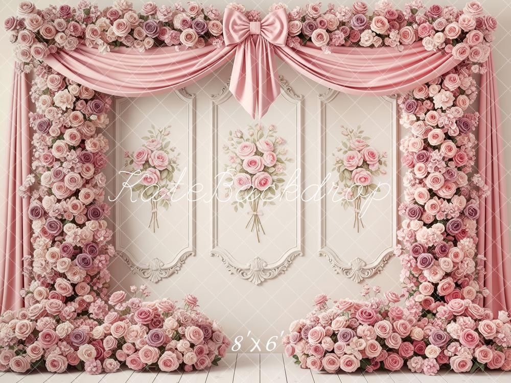 Kate Wedding Pink Roses Bow Wall Drapes Backdrop Designed by Patty Robert - Image 5