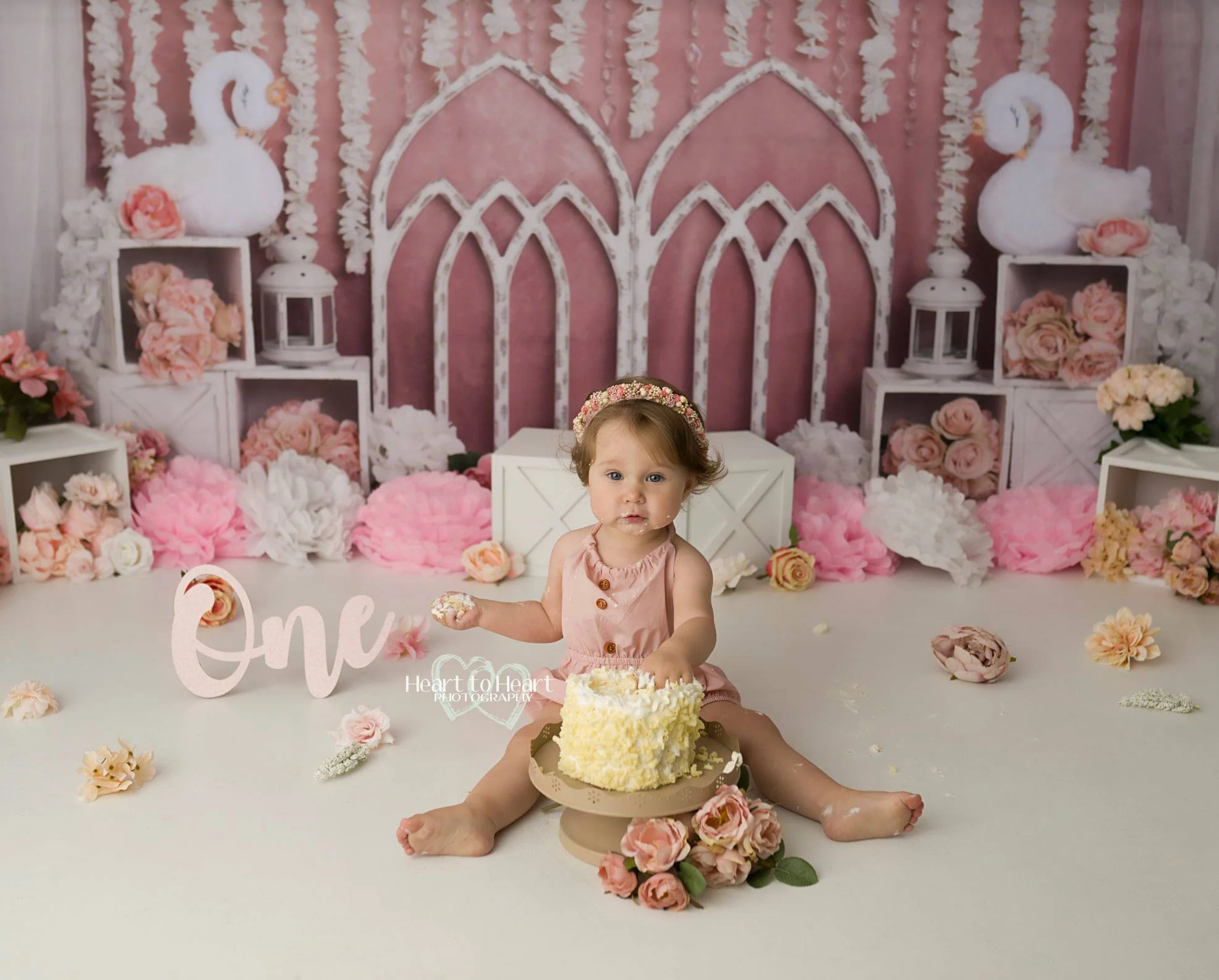 Kate Pink Swan Cake Smash Girly Backdrop for Photography Designed by Lisa B - Image 4