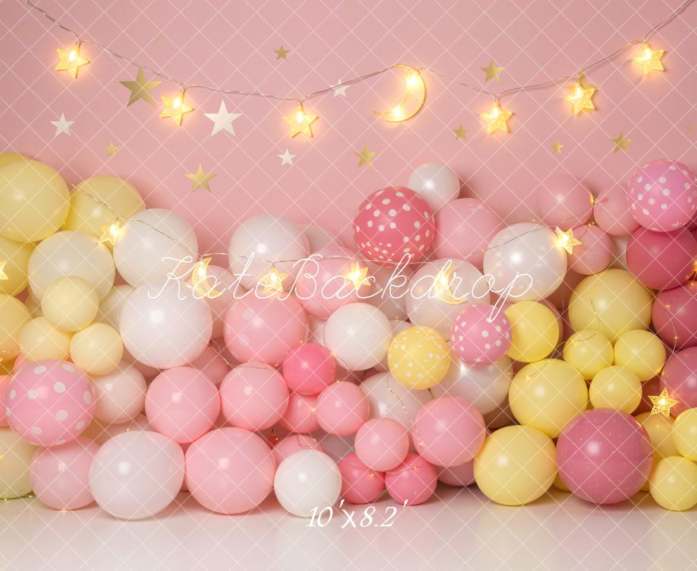 Kate Pink Yellow Balloons Star Garland Backdrop Designed by Emetselch - Image 6