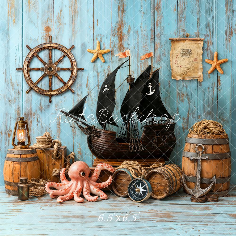 Kate Pirate Ship Helm Treasure Map Nautical Blue Backdrop Designed by Emetselch - Image 2
