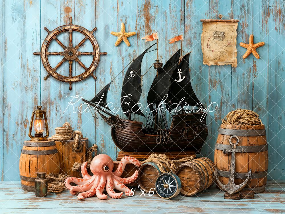 Kate Pirate Ship Helm Treasure Map Nautical Blue Backdrop Designed by Emetselch - Image 3