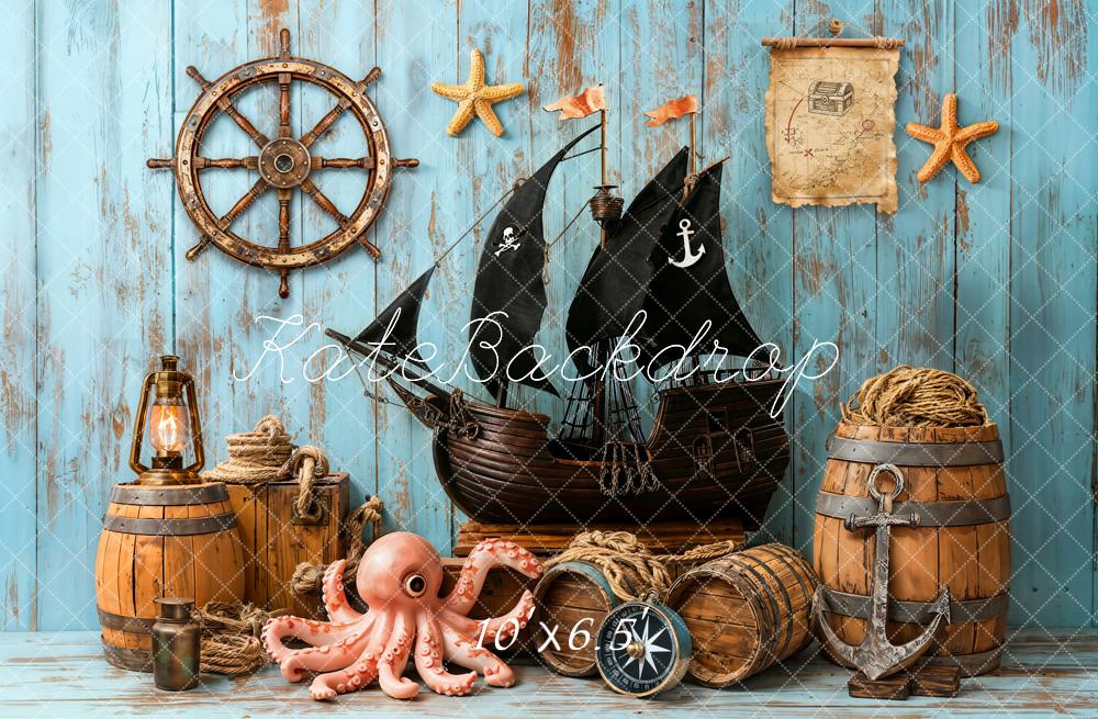 Kate Pirate Ship Helm Treasure Map Nautical Blue Backdrop Designed by Emetselch - Image 4