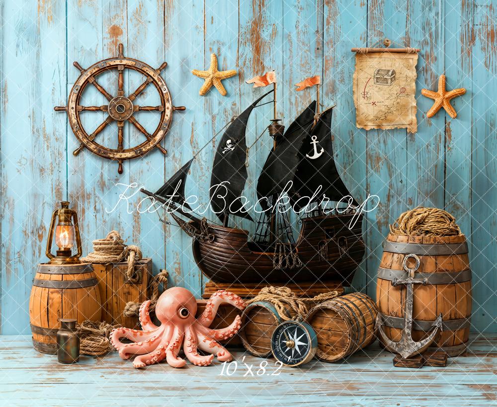 Kate Pirate Ship Helm Treasure Map Nautical Blue Backdrop Designed by Emetselch - Image 6