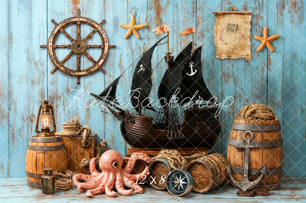 Kate Pirate Ship Helm Treasure Map Nautical Blue Backdrop Designed by Emetselch - Image 8