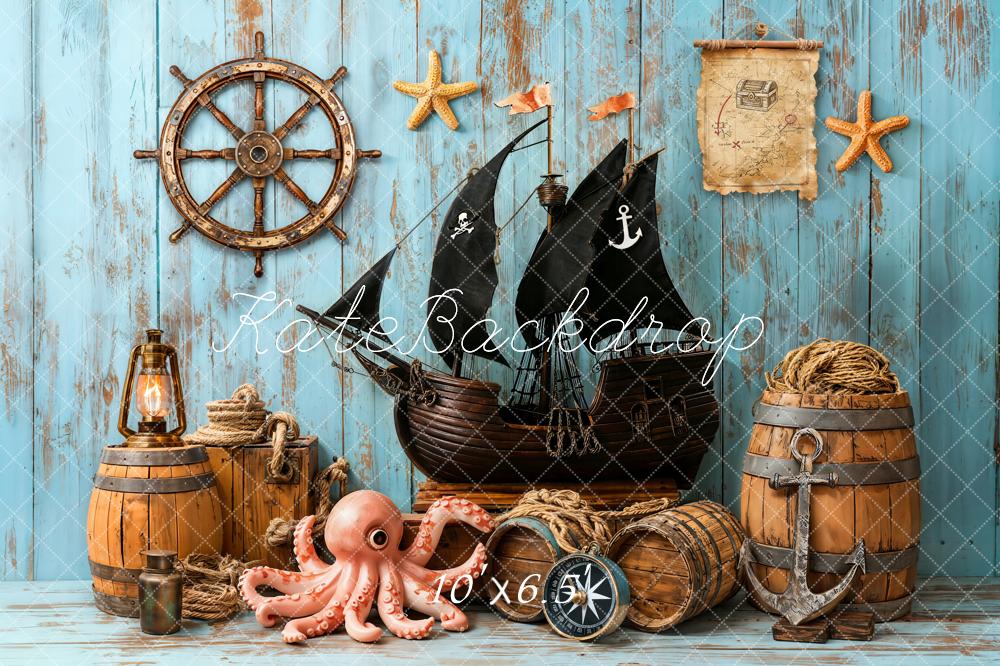 Kate Pirate Ship Nautical Map Blue Wood Fleece Backdrop Designed by Emetselch - Image 2