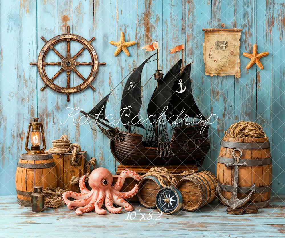 Kate Pirate Ship Nautical Map Blue Wood Fleece Backdrop Designed by Emetselch - Image 3