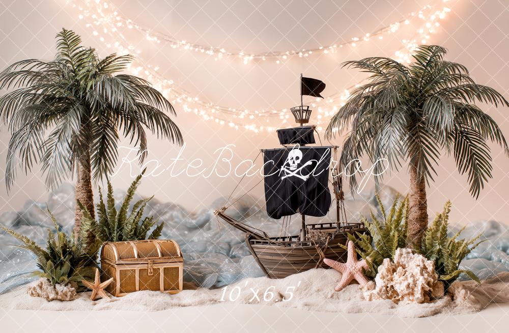 Kate Pirate Ship Palm Trees Treasure Chest Sand Backdrop Designed by Angela Marie Photography - Image 4