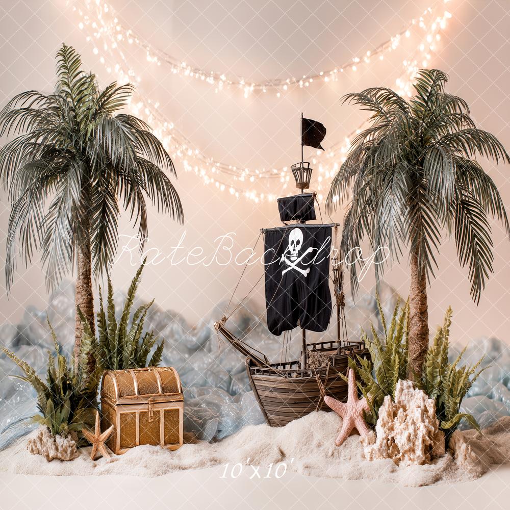 Kate Pirate Ship Palm Trees Treasure Chest Sand Backdrop Designed by Angela Marie Photography - Image 7
