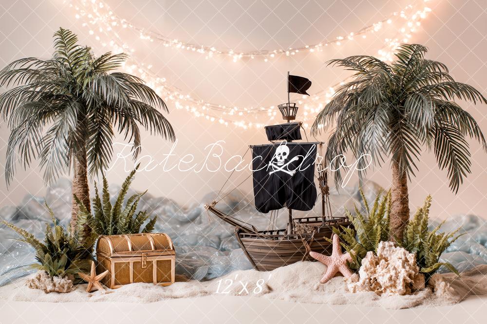 Kate Pirate Ship Palm Trees Treasure Chest Sand Backdrop Designed by Angela Marie Photography - Image 8