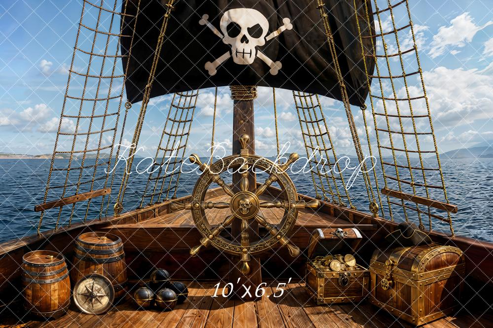 Kate Pirate Ship Wheel Treasure Chests Fleece Backdrop Designed by Emetselch - Image 2