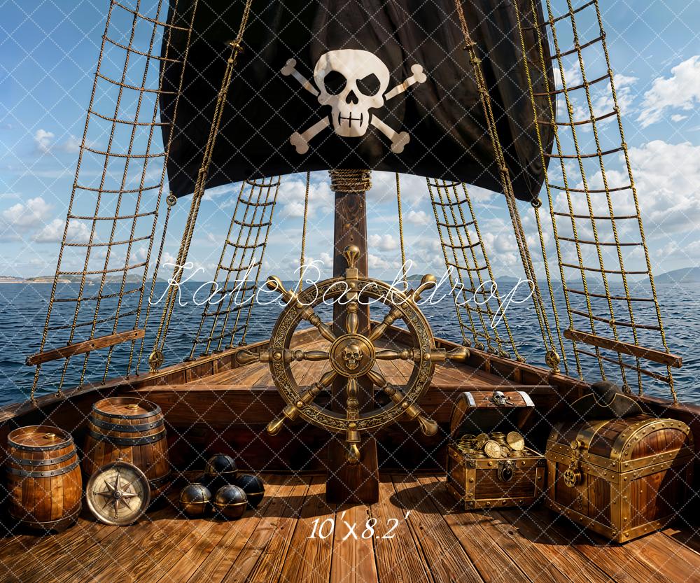 Kate Pirate Ship Wheel Treasure Chests Fleece Backdrop Designed by Emetselch - Image 3