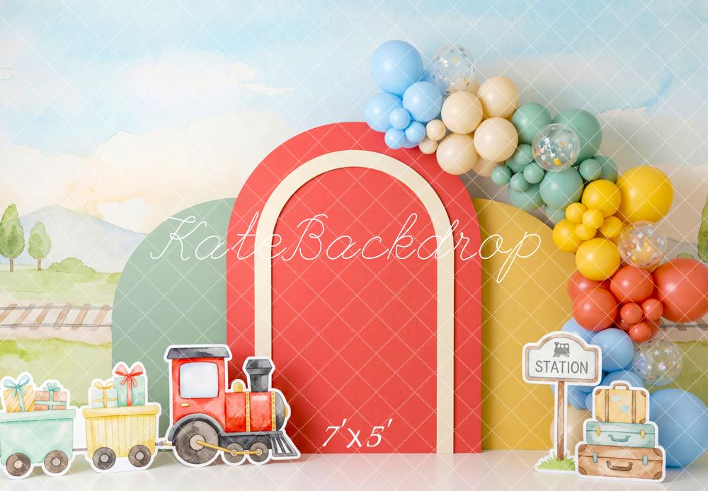 Kate Polar Train Station Balloons Pastel Backdrop Designed by Patty Robert
