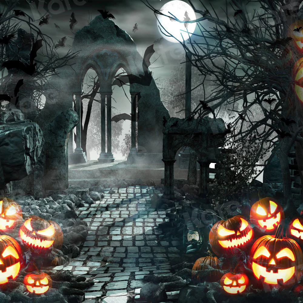 Kate Pumpkin Halloween Gate Night Backdrop for Photography - Image 2