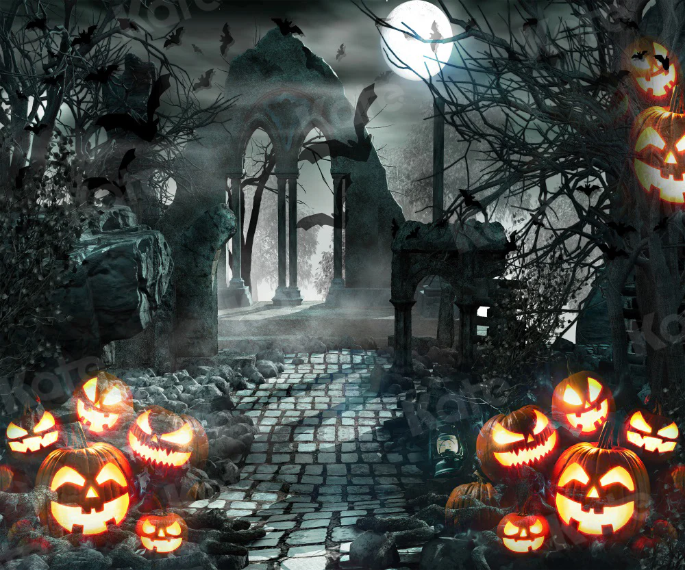 Kate Pumpkin Halloween Gate Night Backdrop for Photography - Image 3