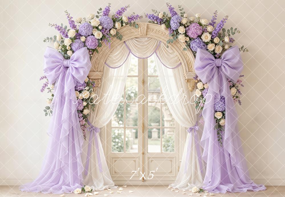Kate Purple Bows Window Cream Curtains Backdrop Designed by Emetselch