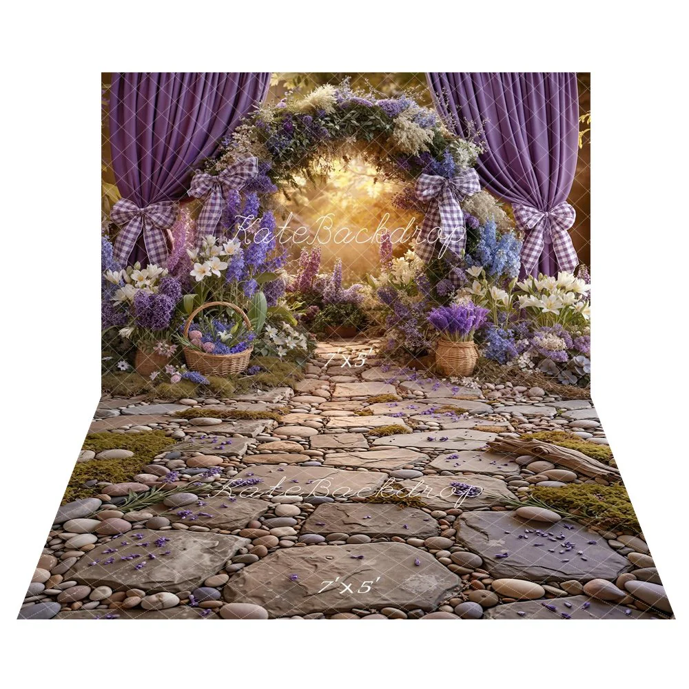 Kate Spring Purple Curtains Baskets Backdrop+Cobblestone Pebbles Backdrop