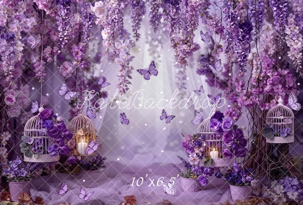 Kate Purple Floral Birdcages Butterflies Fleece Backdrop Designed by Emetselch - Image 2