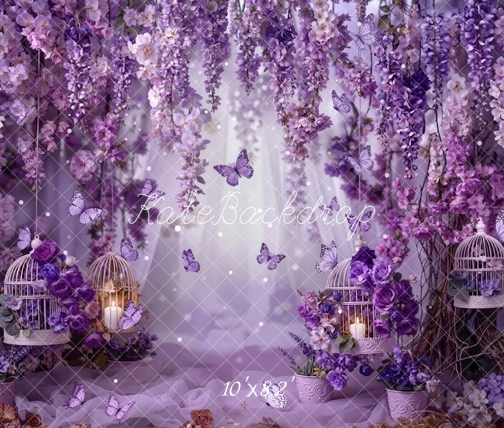 Kate Purple Floral Birdcages Butterflies Fleece Backdrop Designed by Emetselch - Image 3