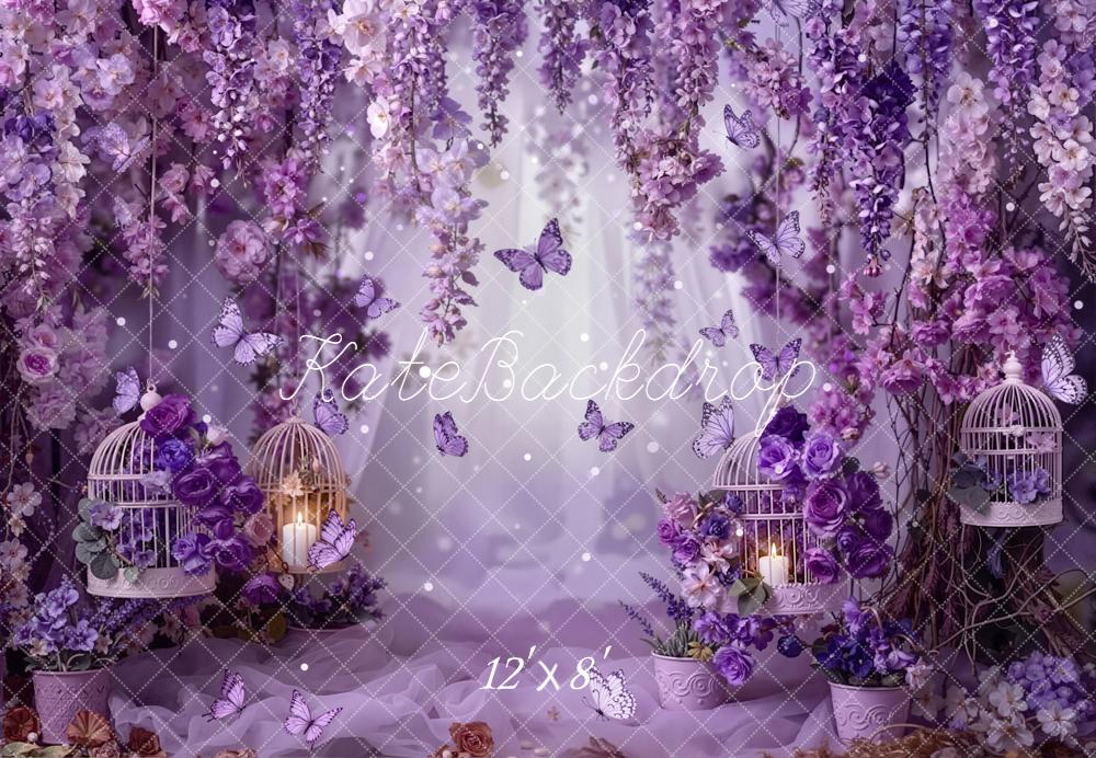 Kate Purple Floral Birdcages Butterflies Fleece Backdrop Designed by Emetselch - Image 4