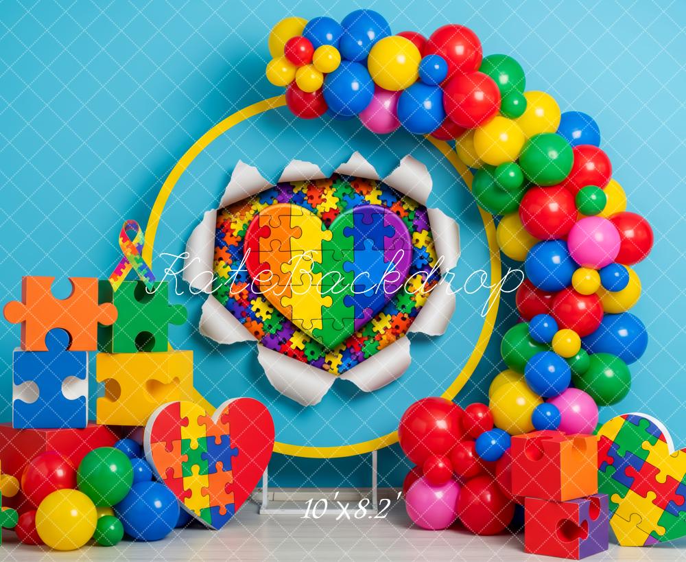 Kate Puzzle Heart Balloons Blue Wall Fleece Backdrop Designed by Patty Robert - Image 3