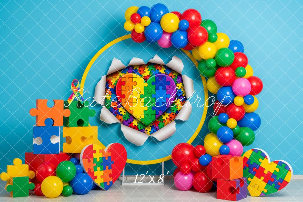 Kate Puzzle Heart Balloons Blue Wall Fleece Backdrop Designed by Patty Robert - Image 4