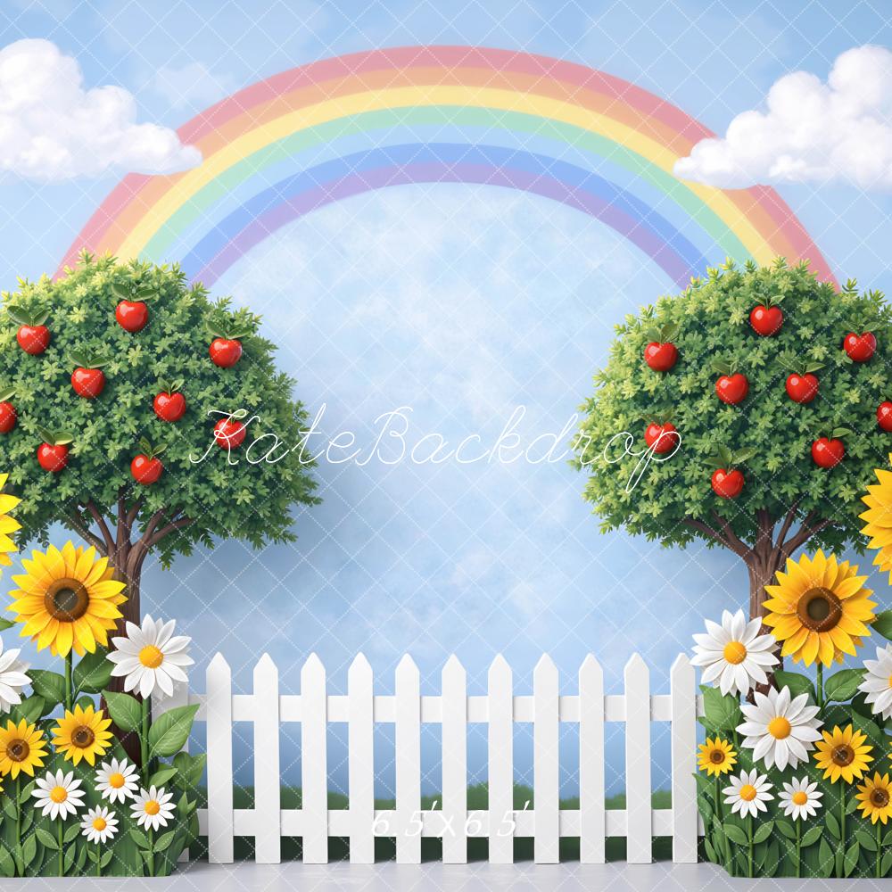 Kate Rainbow Apple Trees Sunflowers Daisies Fence Backdrop Designed by Mini MakeBelieve - Image 2