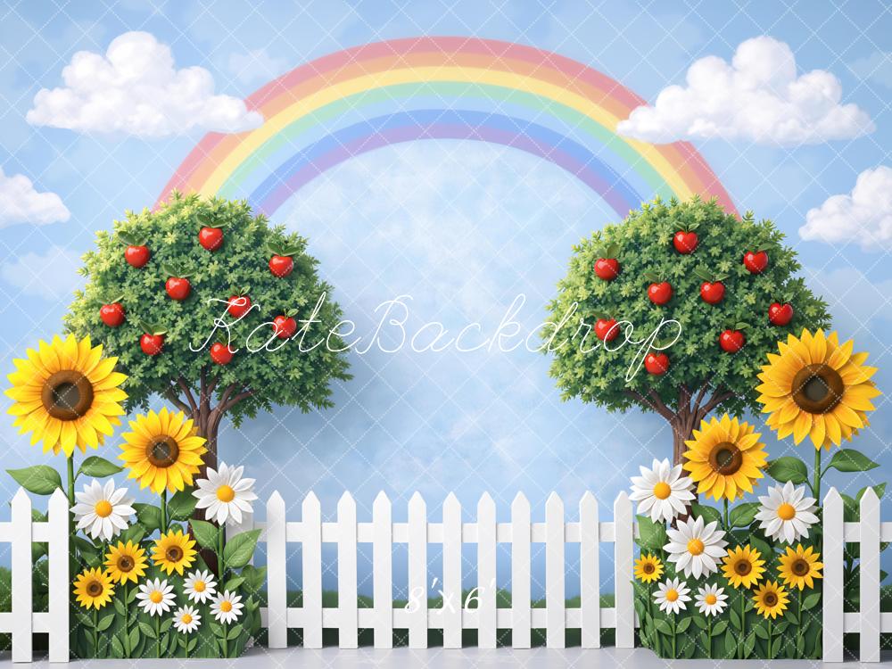 Kate Rainbow Apple Trees Sunflowers Daisies Fence Backdrop Designed by Mini MakeBelieve - Image 3