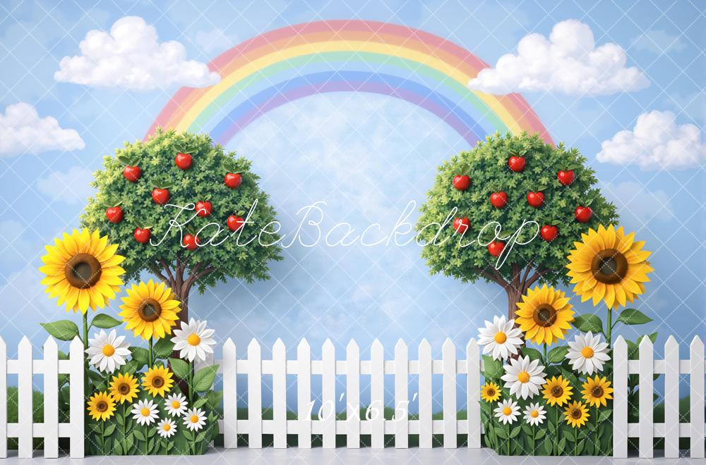 Kate Rainbow Apple Trees Sunflowers Daisies Fence Backdrop Designed by Mini MakeBelieve - Image 4