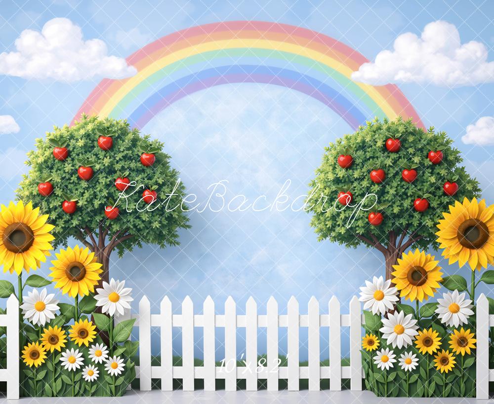 Kate Rainbow Apple Trees Sunflowers Daisies Fence Backdrop Designed by Mini MakeBelieve - Image 6